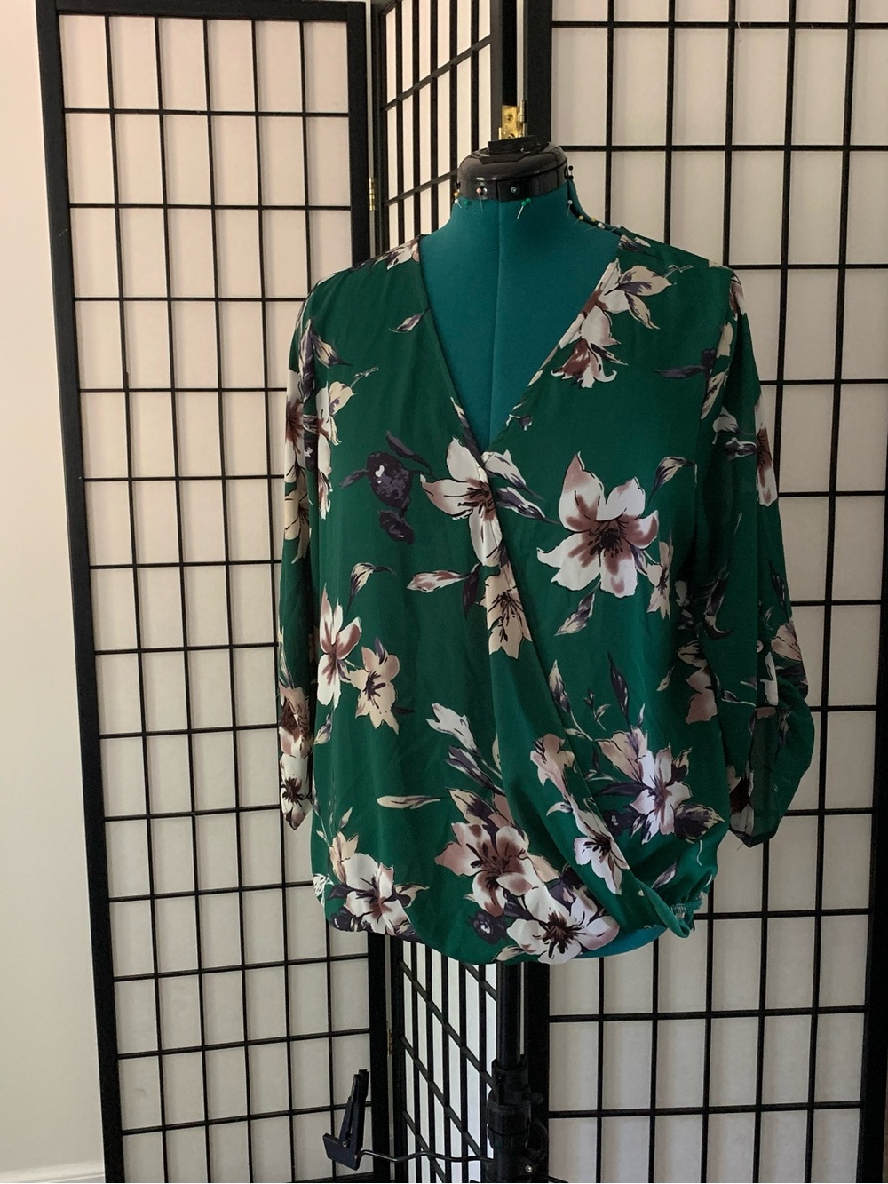 West Kei Green Floral Wrap-Style Blouse